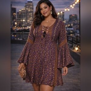 Boho Chic Purple and Gold Midi Dress, Lagenlook, Artsy, Lightweight‎